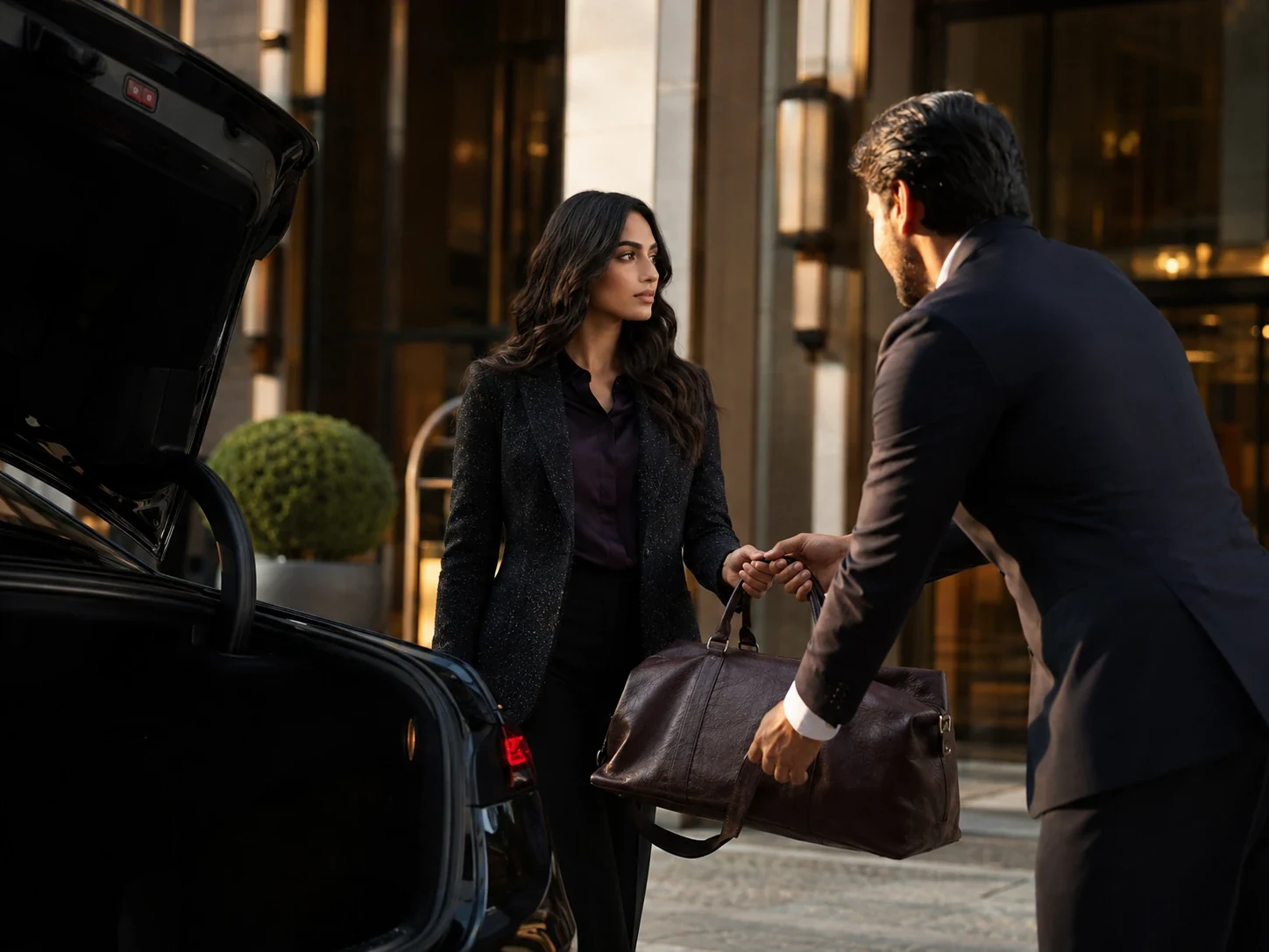 A chauffeur taking a guest's bag at a hotel entrance