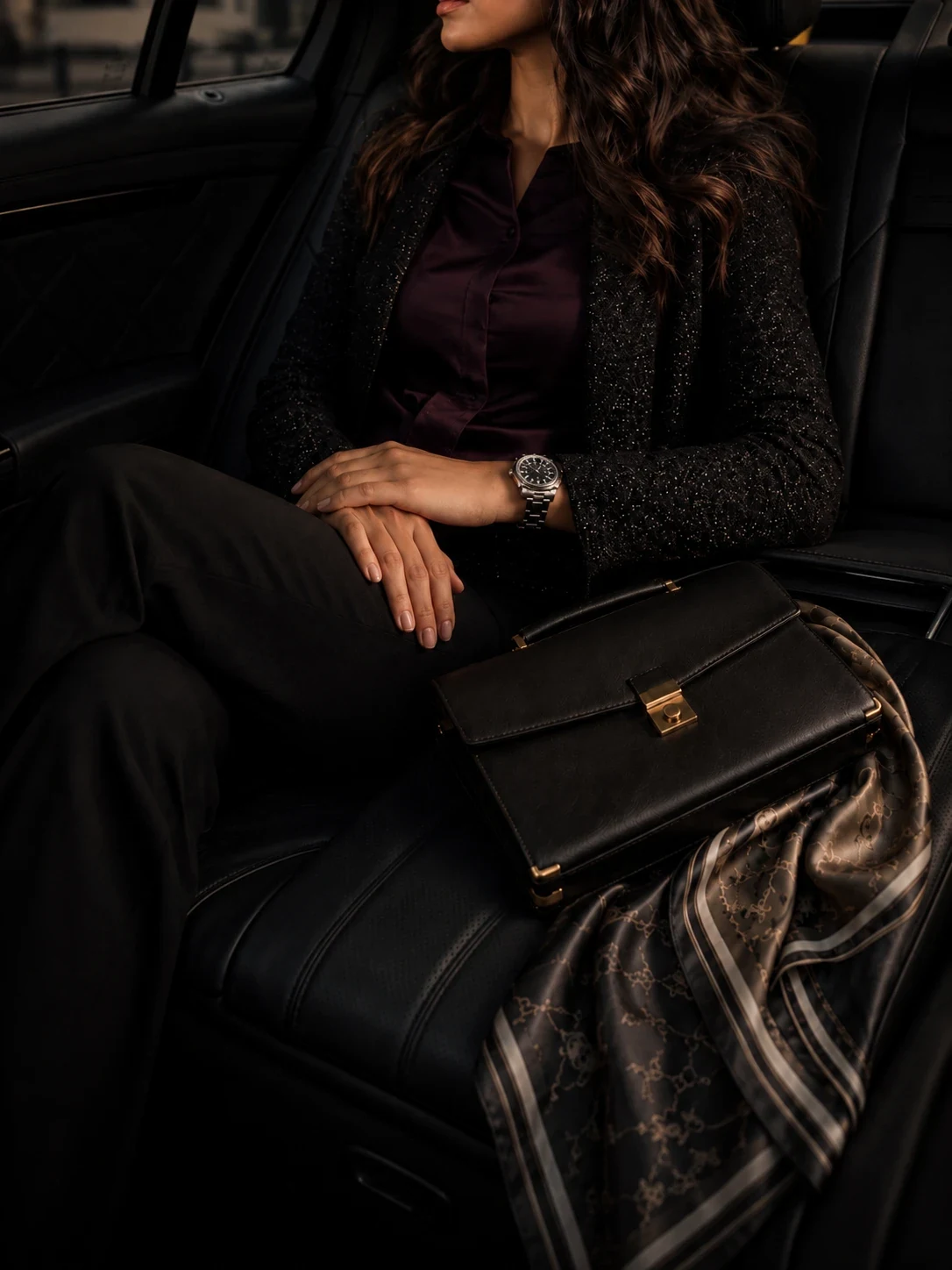 A passenger seated in the back of a chauffeured car