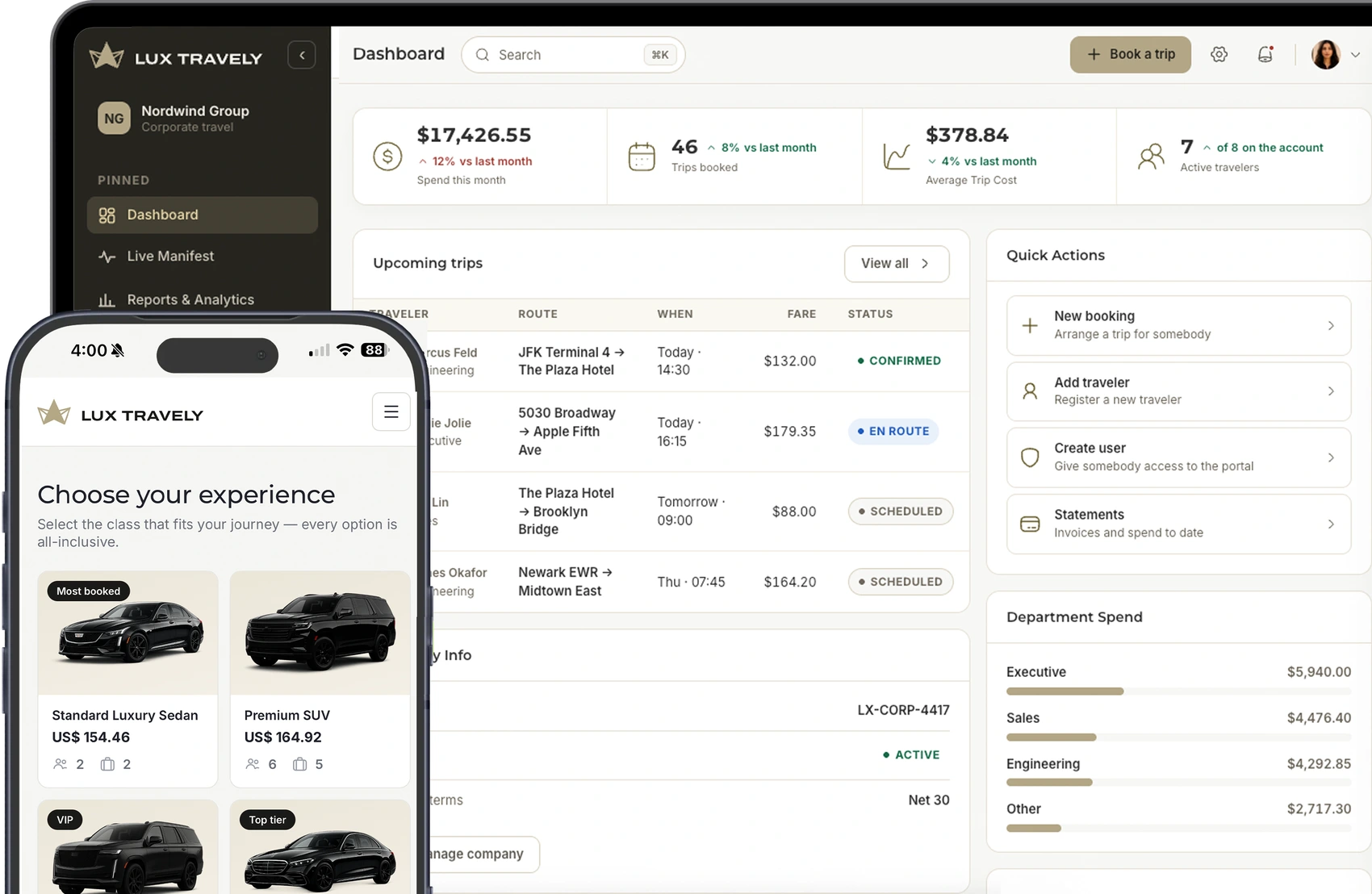 Lux Travely corporate dashboard and mobile app